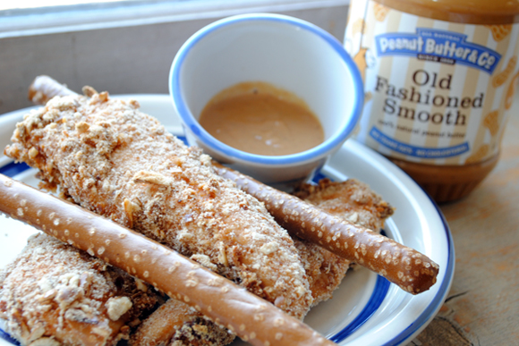 Pretzel Peanut Butter Chicken Strips with a savory peanut butter sauce Pretzel Peanut Butter Chicken Strips with a savory peanut butter sauce