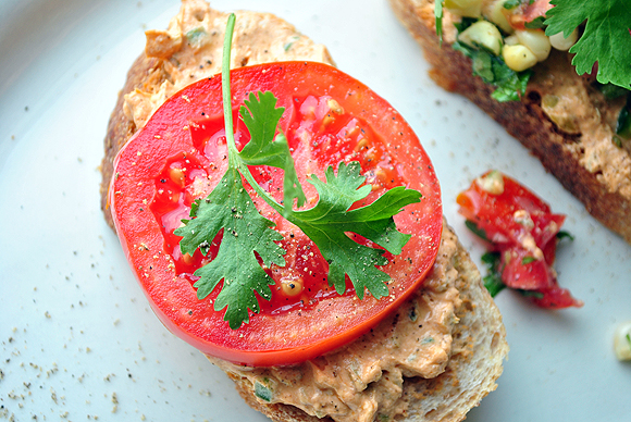 Chili Spice Goat Cheese with Tomato Corn Salsa Crostini