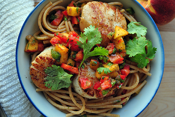 Peach Salsa Spaghetti with Seared Scallops