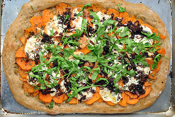 Sweet Potato, Caramelized Shallots, Smoked Mozzarella Pizza with Wilted Arugula