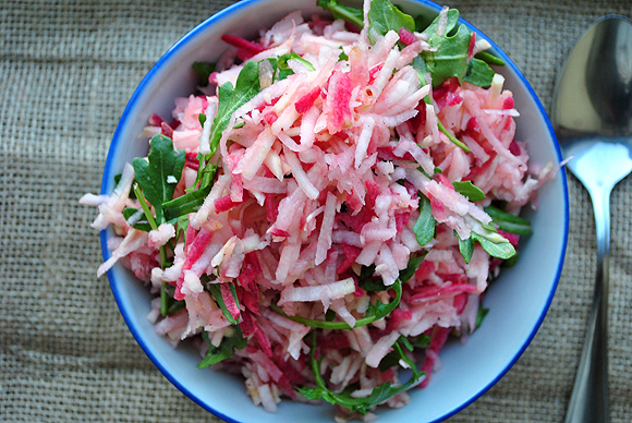 Shredded Kohlrabi, Watermelon Radish and Pear Salad with Arugula Shredded Kohlrabi, Watermelon Radish and Pear Salad with Arugula