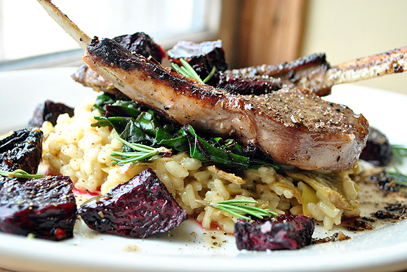 Rosemary Lamb Chops with sauté Beet Greens, Roast Beets and Artichoke Risotto Rosemary Lamb Chops with sauté Beet Greens, Roast Beets and Artichoke Risotto