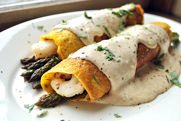 Tarragon Sweet Potato Crepes with Asparagus and Shrimp topped with Parmesan Cream Sauce Tarragon Sweet Potato Crepes with Asparagus and Shrimp topped with Parmesan Cream Sauce