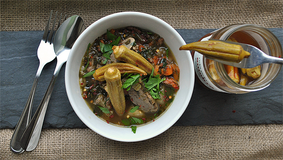Duck and Turnip Stew with Dandelion Greens Garnished with Pickled Okra Duck and Turnip Stew with Dandelion Greens Garnished with Pickled Okra