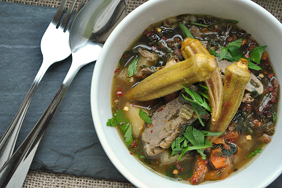Duck and Turnip Stew with Dandelion Greens Garnished with Pickled Okra Duck and Turnip Stew with Dandelion Greens Garnished with Pickled Okra